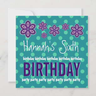 6th Birthday Purple Flowers Polka Dots Custom V11 Invitation