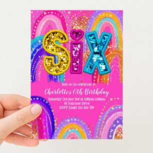 6th Birthday Rainbow Hot Pink Party Invitation