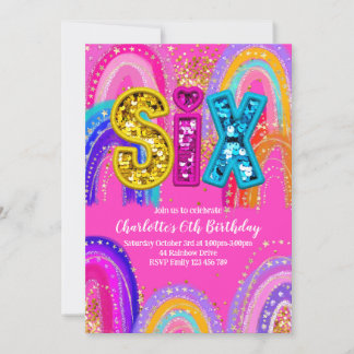 6th Birthday Rainbow Hot Pink Party Invitation