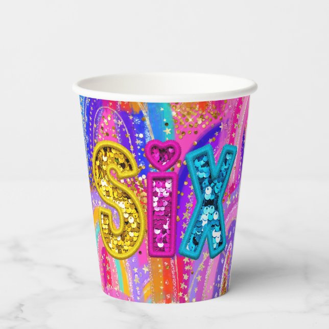 6th Birthday Rainbow Paper Cups (Back)