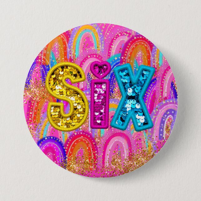 6th Birthday Rainbow Sequin Pink 3 Inch Round Button (Front)
