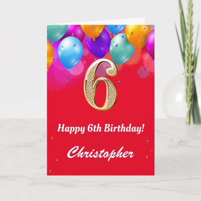 6th Birthday Red and Gold Colourful Balloons Card (Front)