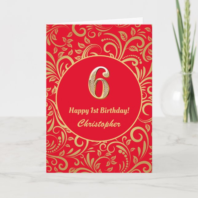 6th Birthday Red and Gold Floral Pattern Card (Front)