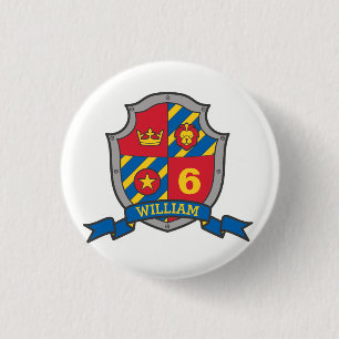 6th Birthday red blue knights shield age button