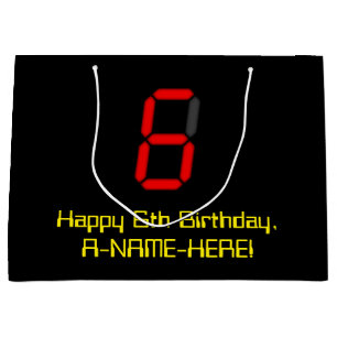6th Birthday: Red Digital Clock Style "6" + Name Large Gift Bag