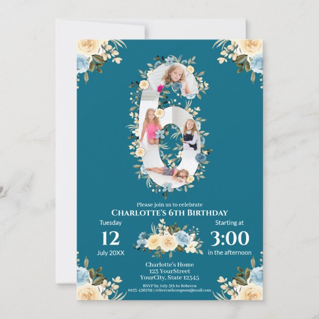 6th Birthday Teal Flower Photo Collage Blue Yellow Invitation (Front)