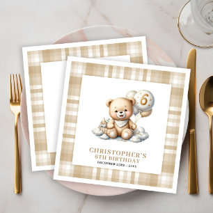6th Birthday Teddy Bear Gold Ivory Celebration Napkin