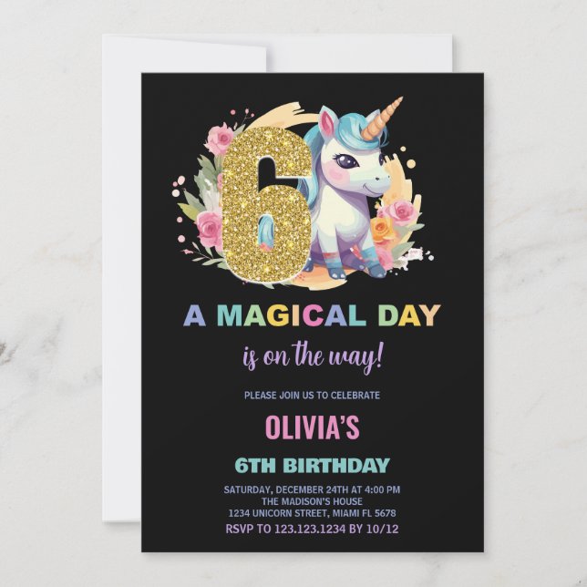 6th Birthday Unicorn Birthday Invitations (Front)