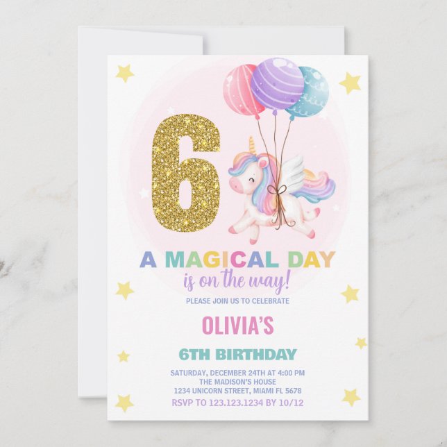 6th Birthday Unicorn Birthday Invitations (Front)