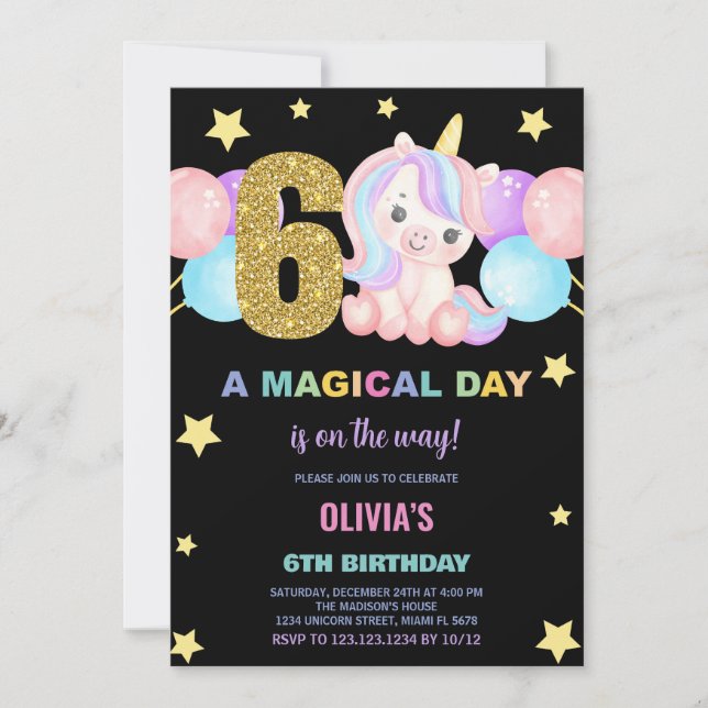 6th Birthday Unicorn Birthday Invitations (Front)