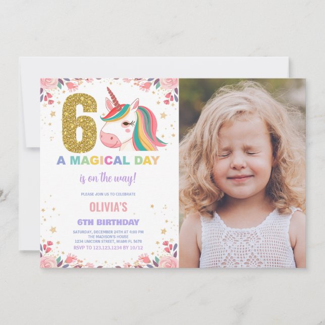 6th Birthday Unicorn Birthday Invitations photo (Front)