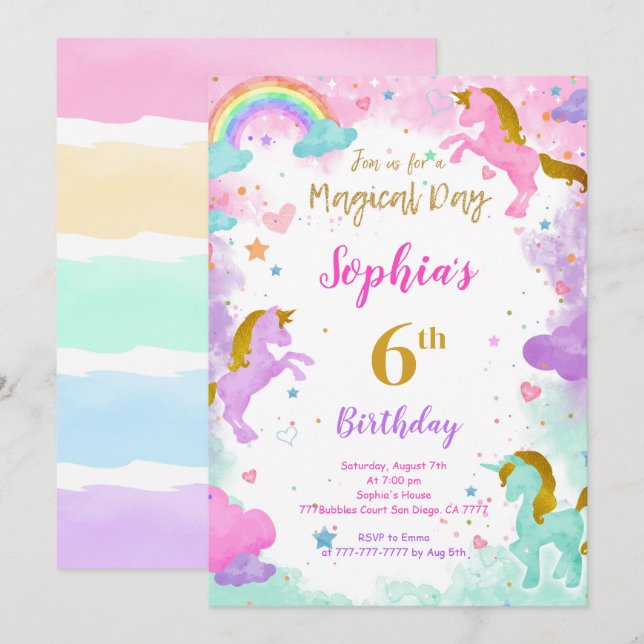6th Birthday Unicorn Invitation (Front/Back)