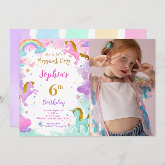 6th Birthday Unicorn Photo Invitation (Front/Back)