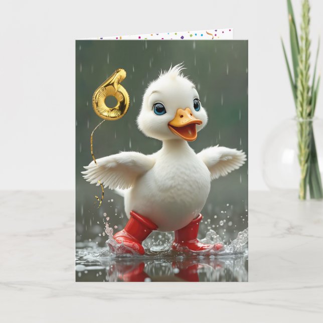 6th Birthday White Duckling In a Rain Puddle  Card (Front)