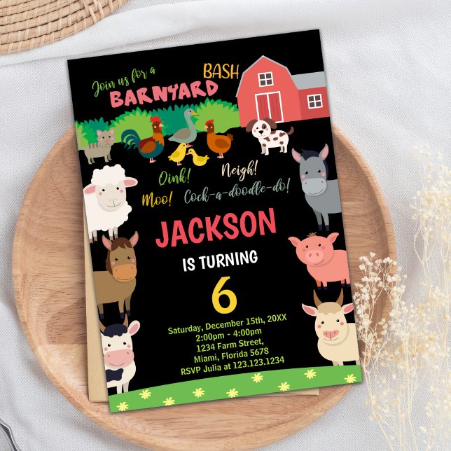 6th Black Farm Animals Birthday Invitations (6th Black Farm Animals Birthday Invitations)