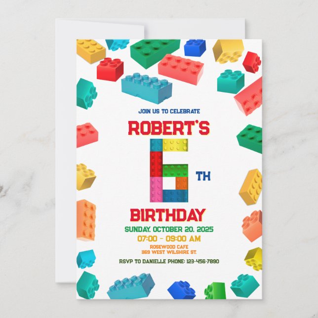 6th Construction Invite, Building Blocks Birthday  Invitation (Front)