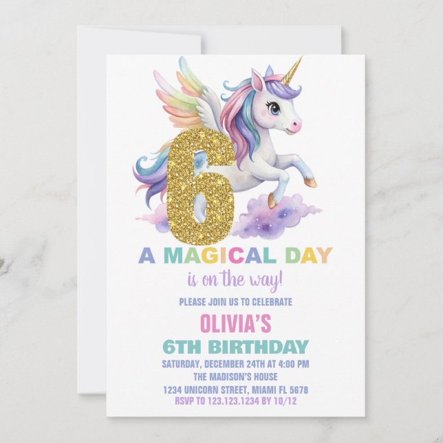 6th Rainbow Unicorn Birthday Invitations Fly (Front)