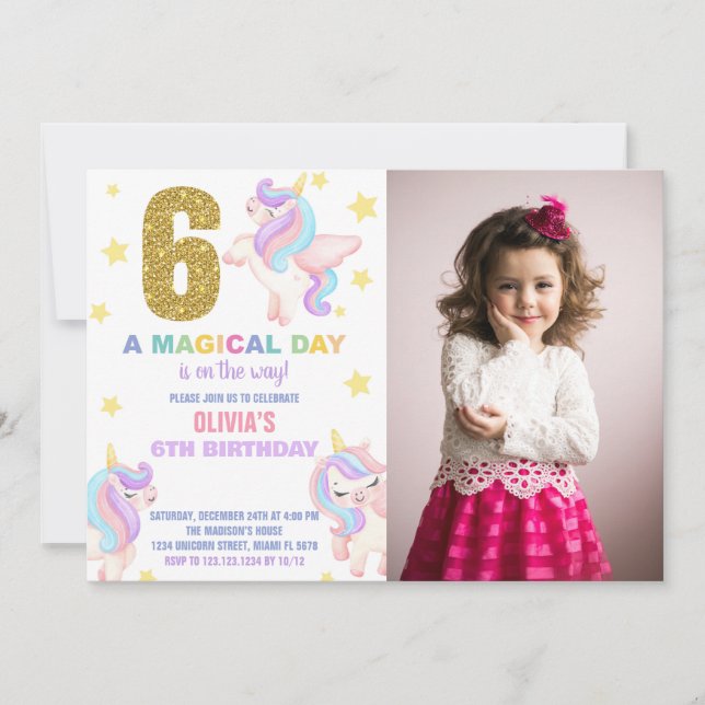 6th Rainbow Unicorn Birthday Invitations w photo (Front)