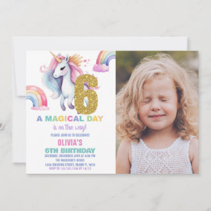 6th Rainbow Unicorn Birthday Invitations w photo