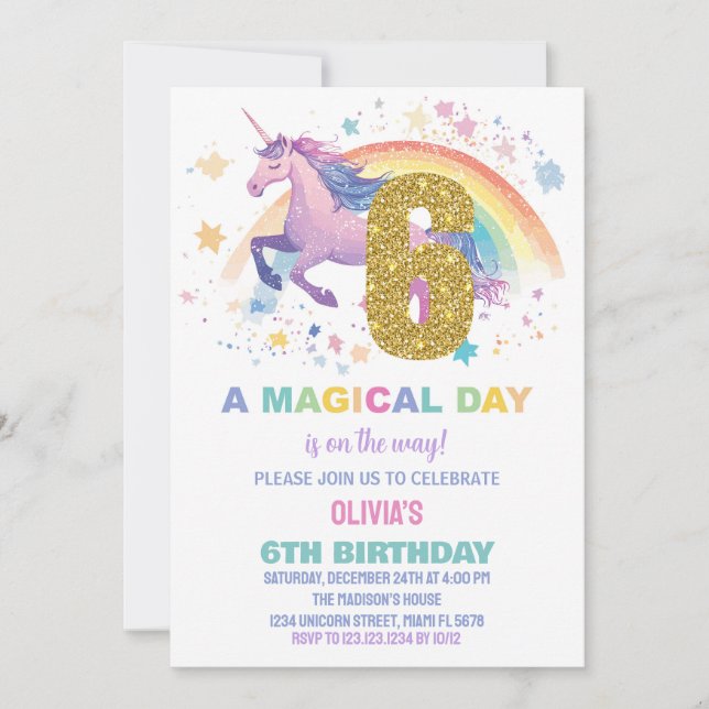 6th Unicorn Birthday Invitations (Front)