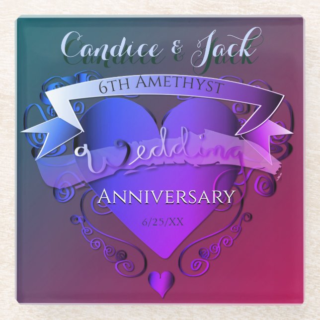 6th Wedding Anniversary Amethyst Glass Coaster (Front)