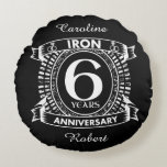 6th wedding anniversary distressed crest round pillow<br><div class="desc">A design to celebrate your sixth year of marriage. This first wedding anniversary design has a distressed white crest,  with the text iron,  6 year ,  anniversary.  If you would like any help customizing this design please contact me,  their is an ask this designer button,  just below this text.</div>