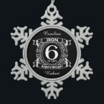 6th wedding anniversary distressed crest snowflake pewter christmas ornament<br><div class="desc">A design to celebrate your sixth year of marriage. This first wedding anniversary design has a distressed white crest,  with the text iron,  6 year ,  anniversary.  If you would like any help customizing this design please contact me,  their is an ask this designer button,  just below this text.</div>