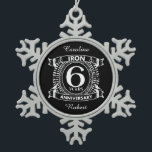 6th wedding anniversary distressed crest snowflake pewter christmas ornament<br><div class="desc">A design to celebrate your sixth year of marriage. This first wedding anniversary design has a distressed white crest,  with the text iron,  6 year ,  anniversary.  If you would like any help customizing this design please contact me,  their is an ask this designer button,  just below this text.</div>