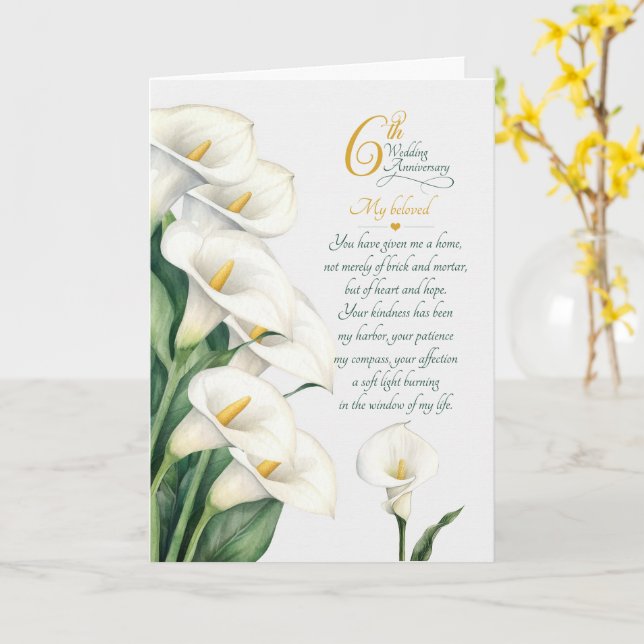 6th Wedding Anniversary Sentimental Calla Lily Card (Yellow Flower)