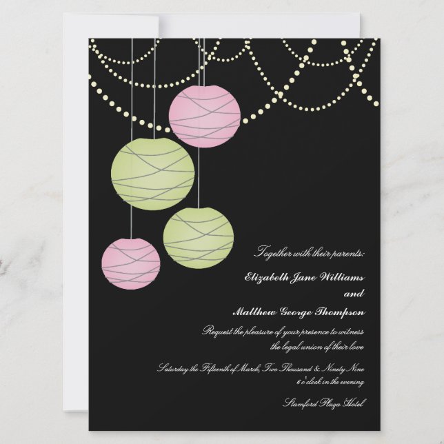 6x8 Wedding Pink & Green Paper Lanterns Invite (Front)