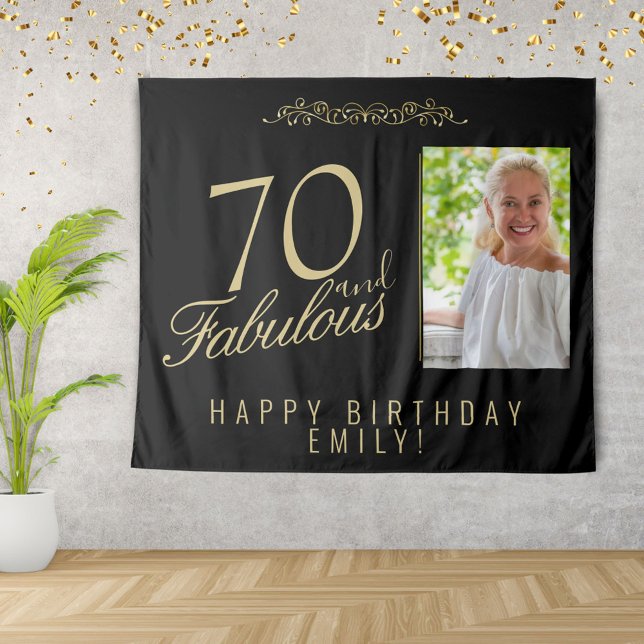 70 and Fabulous Birthday Photo Black Backdrop Tapestry (Creator Uploaded)
