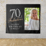 70 and Fabulous Black 70th Birthday Photo Backdrop Tapestry<br><div class="desc">70 and Fabulous Black 70th Birthday Photo Backdrop Tapestry. 70 and fabulous text in trendy script with a name on a black background. Personalize it with your photo, your name and the age, and make your own birthday party banner. It`s a great banner and backdrop for a woman`s birthday party....</div>