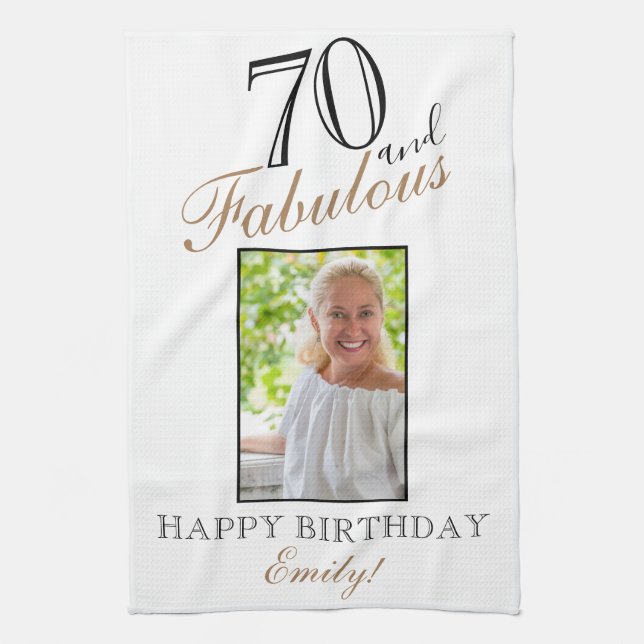 70 and Fabulous Elegant 70th Birthday Photo Kitchen Towel (Vertical)