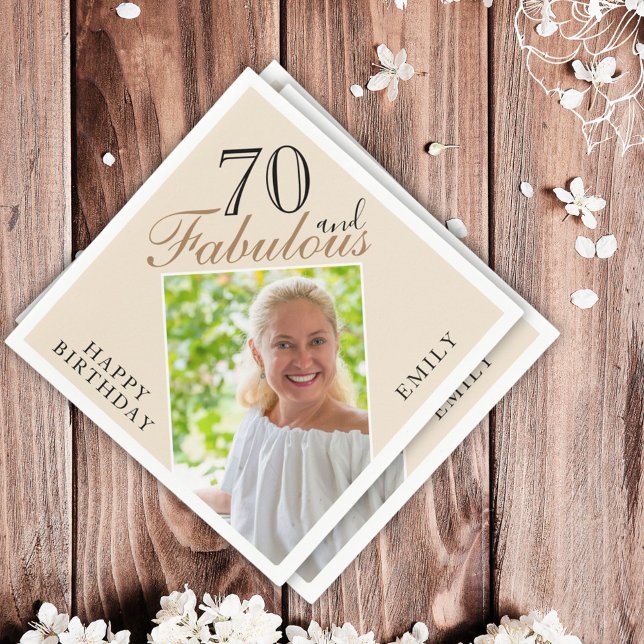 70 and Fabulous Elegant Ecru Photo 70th Birthday Napkin (Creator Uploaded)