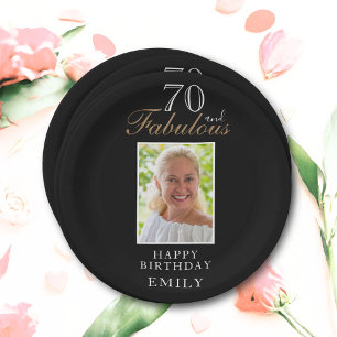 70 and Fabulous Elegant Script Photo 70th Birthday Paper Plate