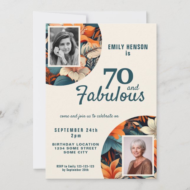 70 and Fabulous Flower Pattern 2 Photo Birthday Invitation (Front)