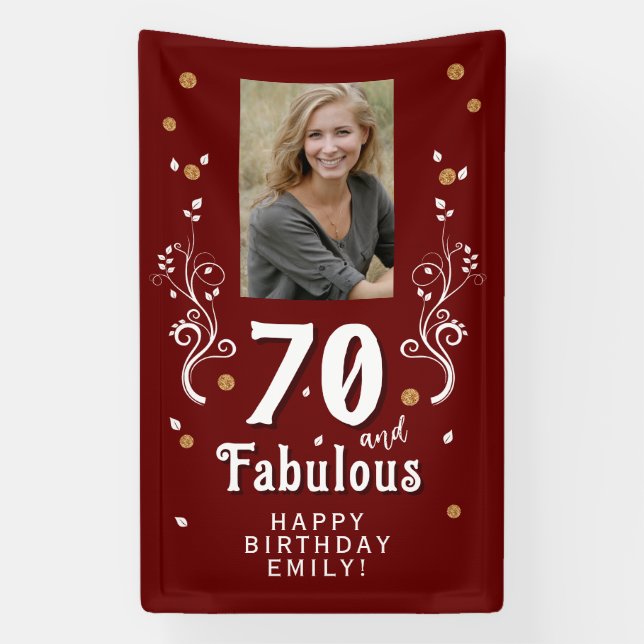 70 and Fabulous Foliage Red 70th Birthday Photo Banner (Vertical)