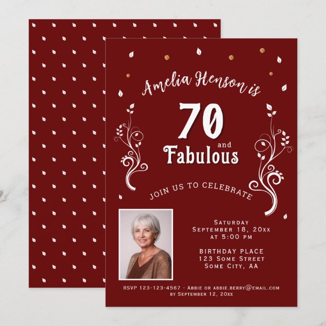 70 and Fabulous Foliage Red 70th Birthday Photo Invitation (Front/Back)