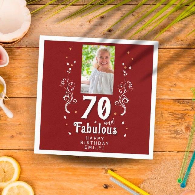 70 and Fabulous Foliage Red 70th Birthday Photo Napkin (Creator Uploaded)
