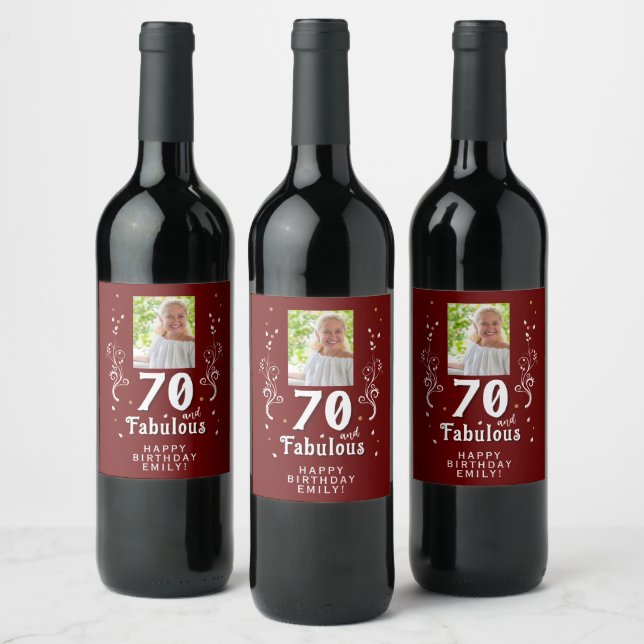 70 and Fabulous Foliage Red 70th Birthday Photo Wine Label (Bottles)