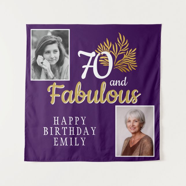 70 and Fabulous Gold Foliage 2 Photo Birthday  Tapestry (Front)
