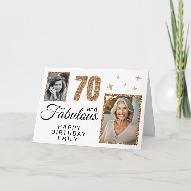 70 and Fabulous Gold Glitter 2 Photo 70th Birthday Card (Front)