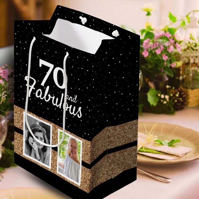 70 and Fabulous Gold Glitter 2 Photo 70th Birthday Medium Gift Bag (Creator Uploaded)