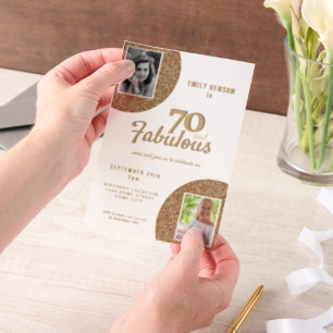 70 and Fabulous Gold Glitter 2 Photo 70th Birthday Vellum Invitations