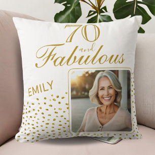 70 and Fabulous Gold Glitter Photo 70th Birthday Throw Pillow