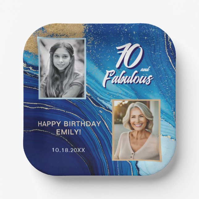 70 and Fabulous Marble Glitter 2 Photo Birthday Paper Plate (Front)
