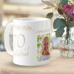 70 and Fabulous Ornament 70th Birthday Photo Coffee Mug<br><div class="desc">Elegant 70 and Fabulous Ornament 70th Birthday Photo Mug. 70 and fabulous text in trendy golden script and an elegant ornament. Personalize it with your name,  your age and photo and make personalized elegant birthday mug.</div>