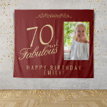 70 and Fabulous Ornament Birthday Photo Backdrop Tapestry<br><div class="desc">Elegant Red 70 and Fabulous Ornament Birthday Photo Black Backdrop Tapestry. 70 and fabulous text in trendy golden script on a dark red background. Personalize it with your photo,  your name and your age,  and make your own elegant birthday party backdrop for a woman`s birthday party.</div>