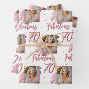 70 and Fabulous Pink Glitter Photo 70th Birthday Wrapping Paper Sheet