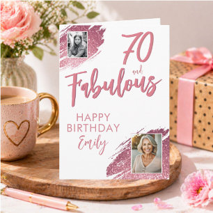 70 and Fabulous Pink Glitter Photo Birthday Card